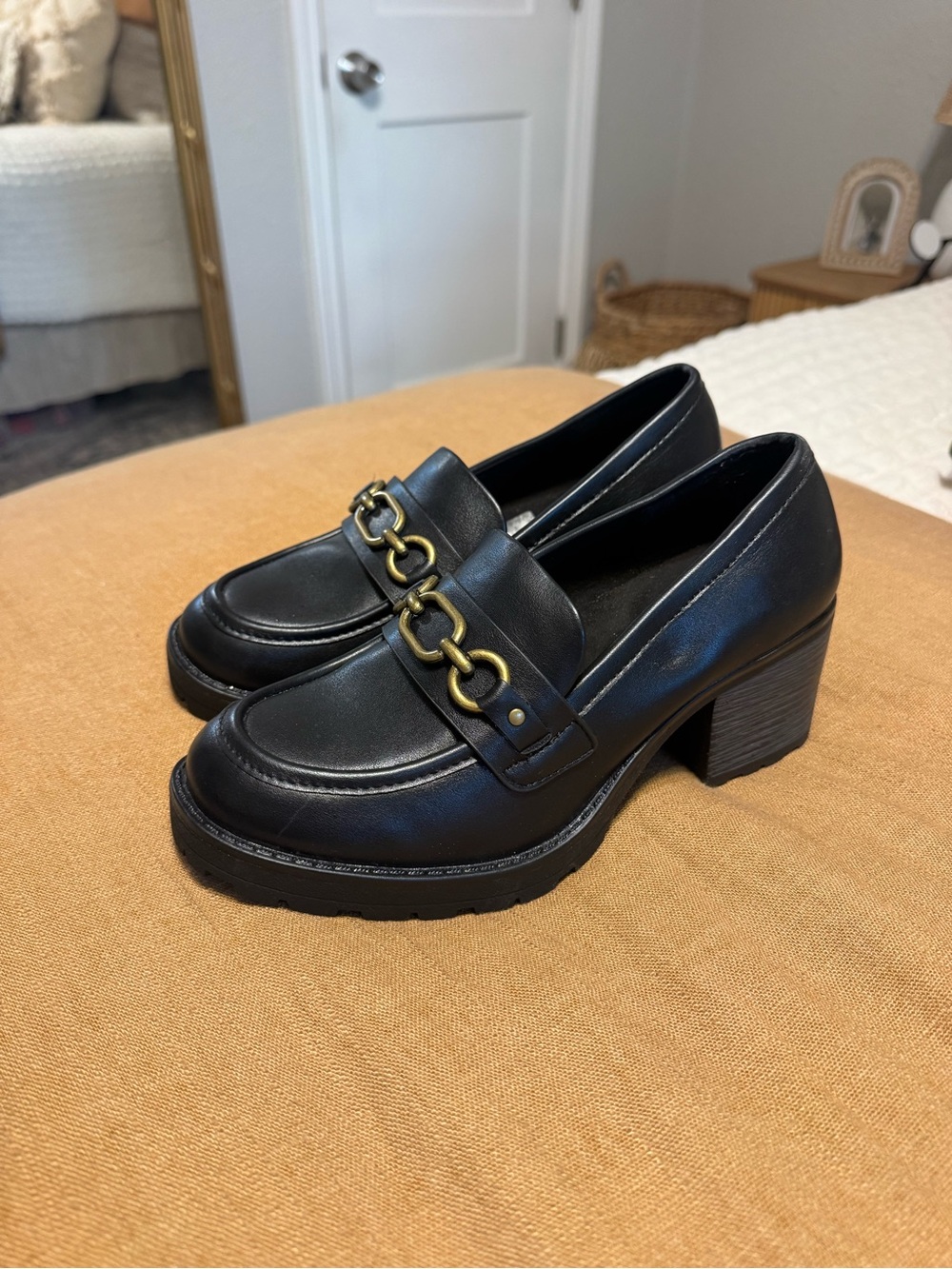 Black Chunky Heel Loafers with Chain Accent